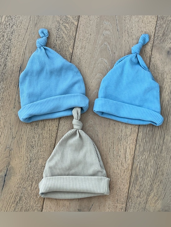 Old Navy Other - 3 Piece Baby Infant Ribbed Hat Blue Tan Stretchy Old Navy